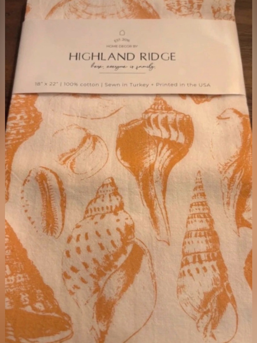 New Coastal Cotton Shell Print Tea Towel in Orange and Cream
